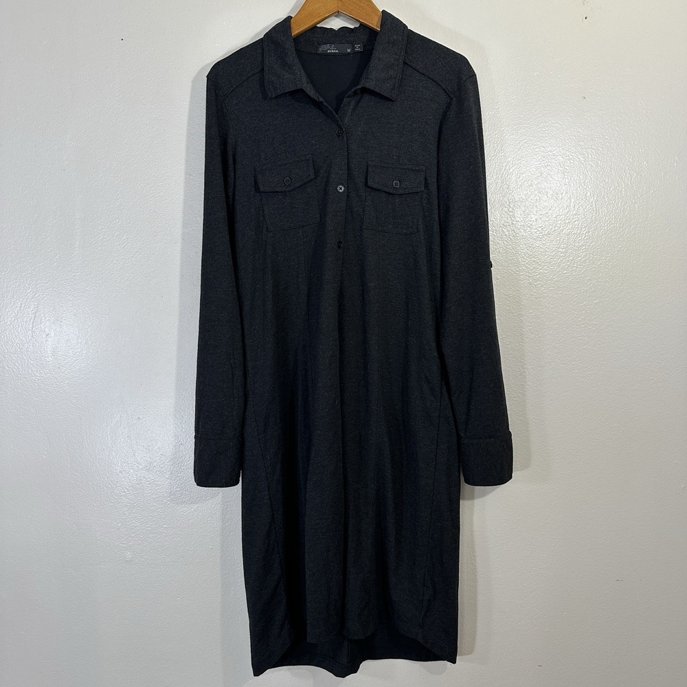 PrAna Besha Women's M Dark Gray Wool Blend Button Long Sleeve Collar Shirt Dress - Picture 2 of 6